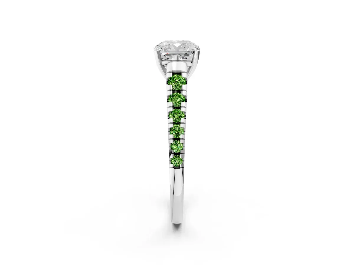 Cushion Cut Diamond Cathedral Solitaire Ring with Round Peridot Pavé Band Platinum