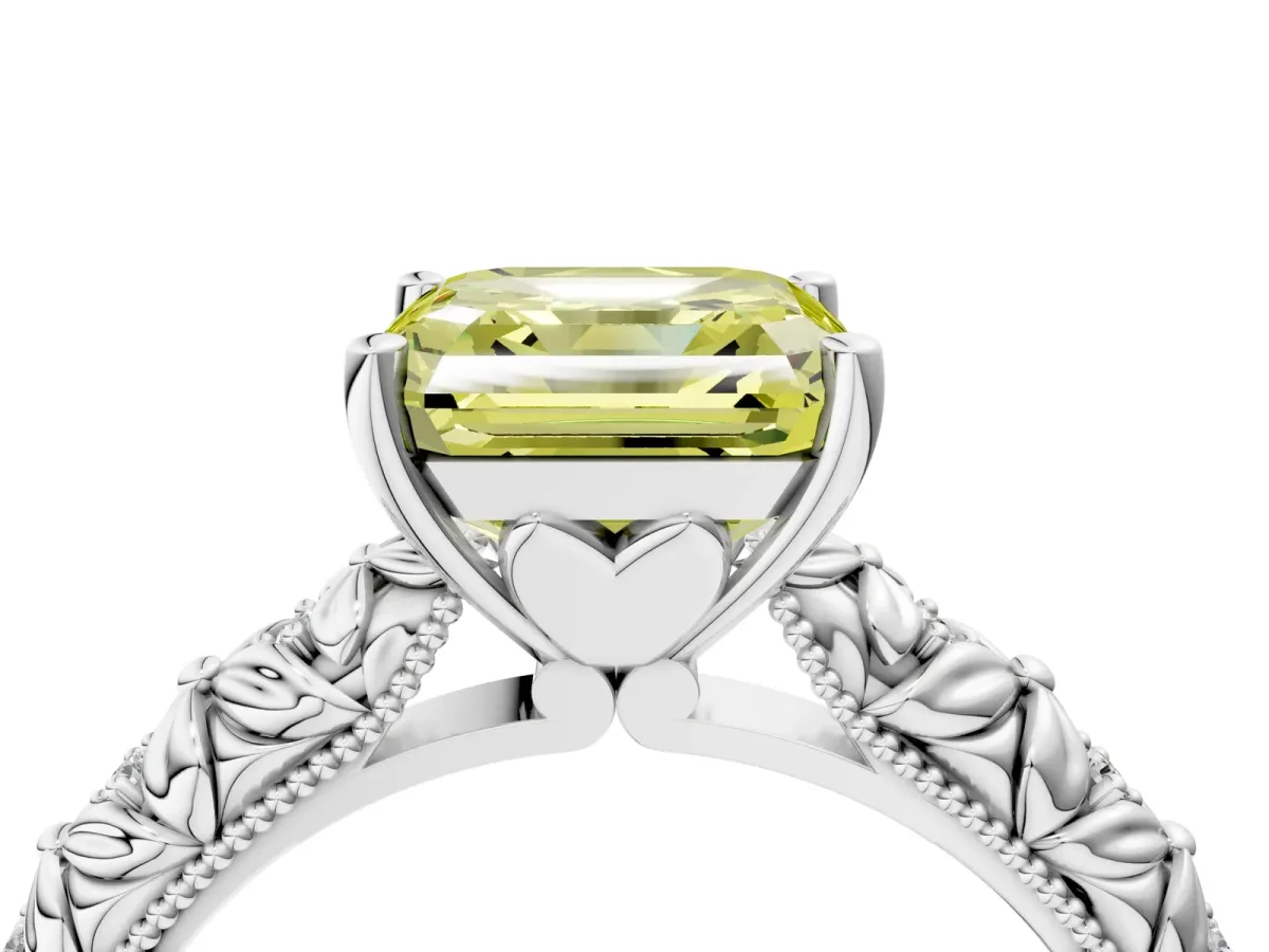 Fancy Yellow Asscher Cut Solitaire Floral Milgrain Engagement Ring Platinum