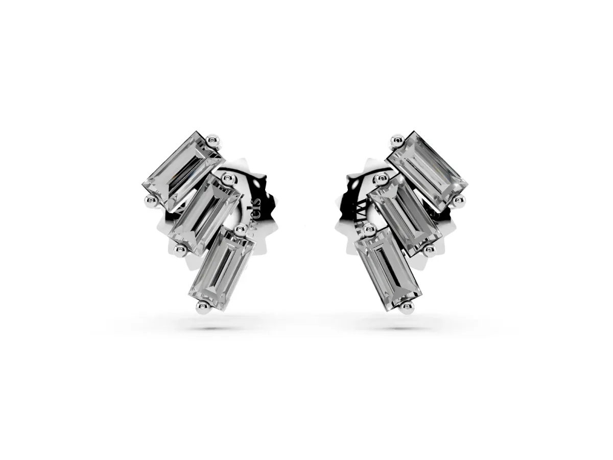 Baguette Diamond Three-Stone Stud Earrings Platinum