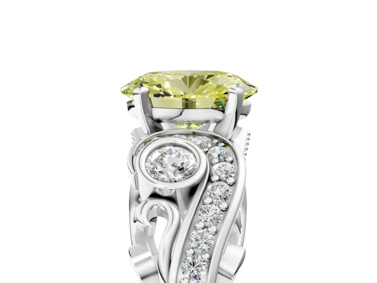 Fancy Yellow Oval Cut Diamond Solitaire Ring with Milgrain Pavé Band and Four-Prong Setting Silver