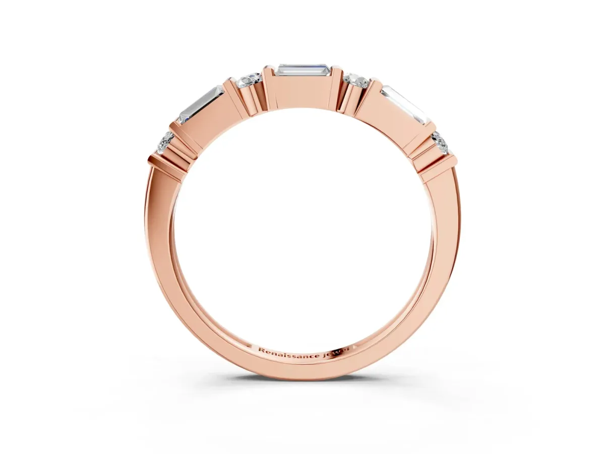 Baguette and Round Diamond Channel Set Half Eternity Band with Bar Prong Setting Rose gold