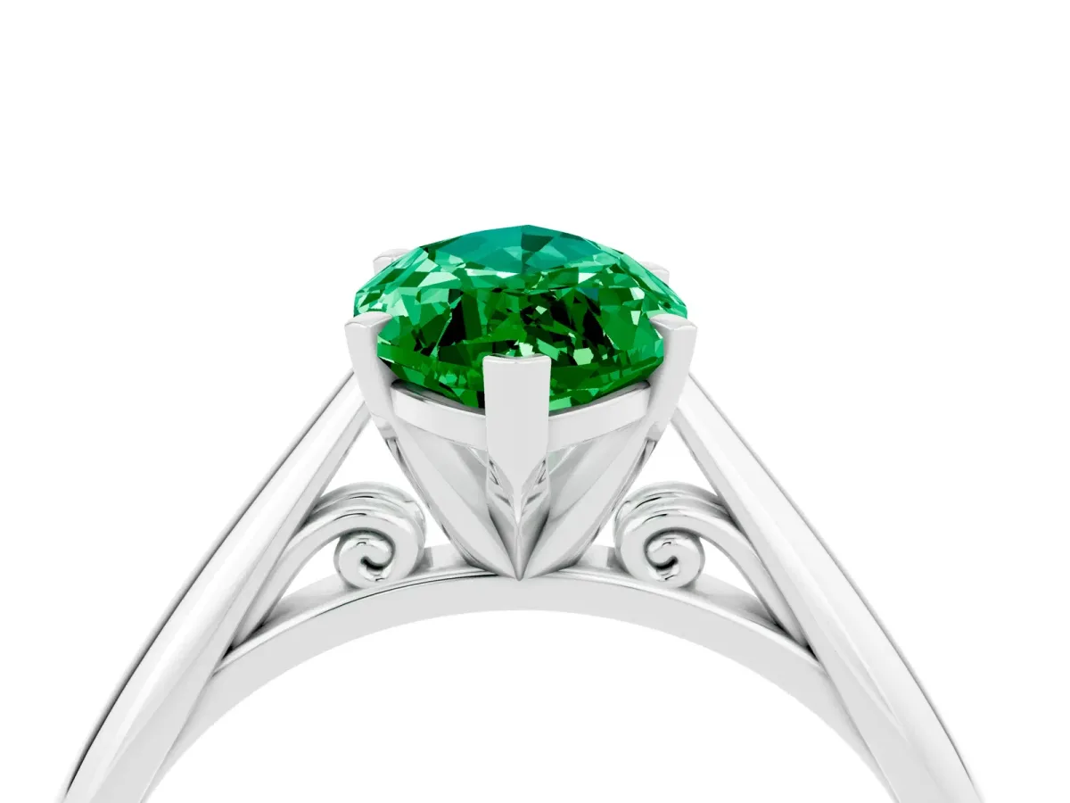 Marquise Cut Emerald Solitaire Engagement Ring with Cathedral Setting and Four-Prong Mount White gold