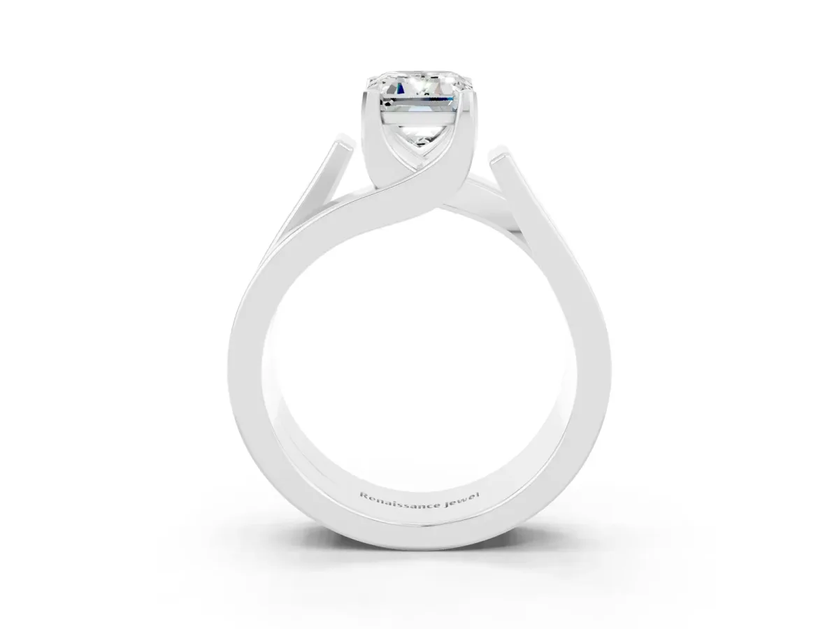 Modern Tension Set Emerald Cut Moissanite Solitaire Wide Band Ring Silver
