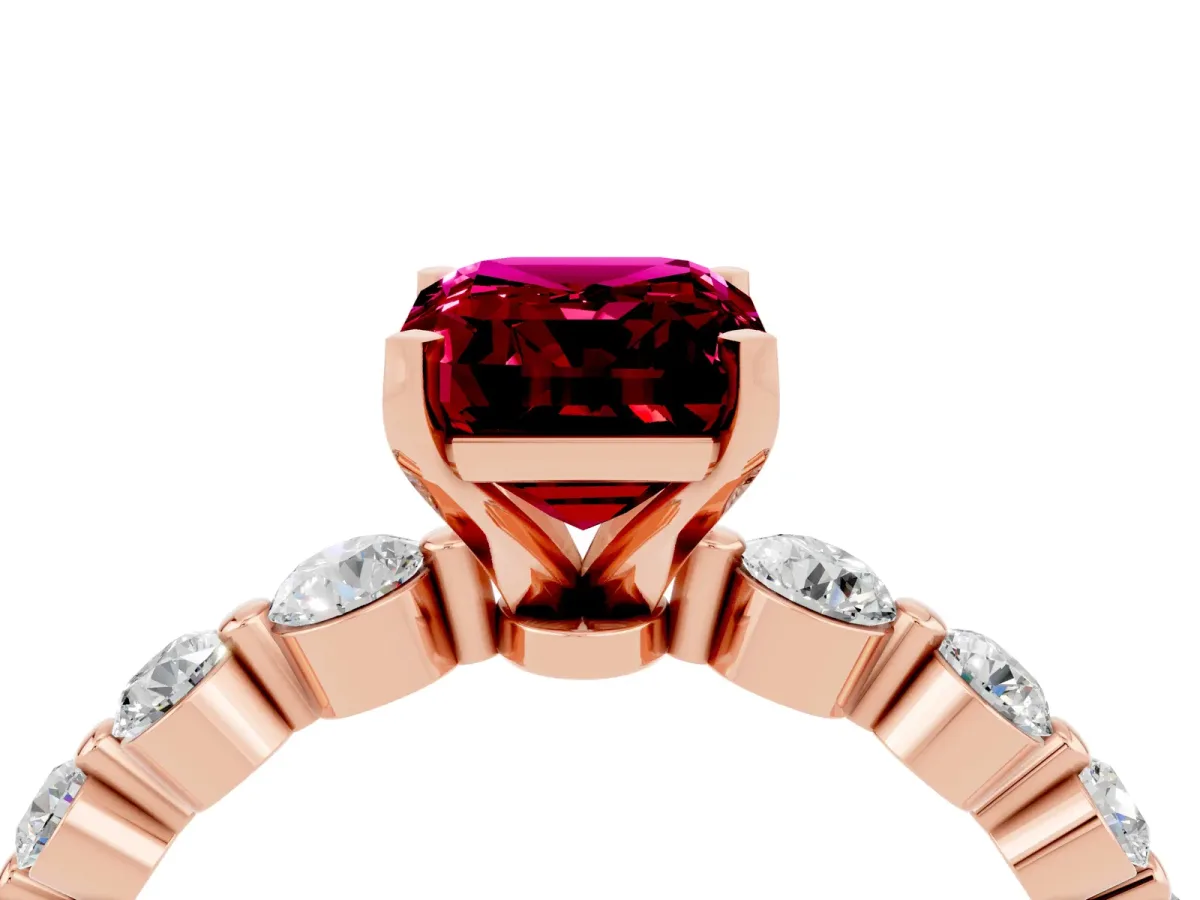 Emerald Cut Solitaire Garnet Ring with Pave Band and Four-Prong Setting Rose gold