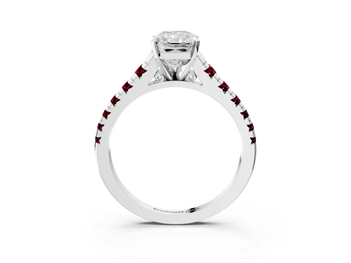 Radiant Cut Diamond Cathedral Solitaire Ring with Round Garnet Pavé Band Silver