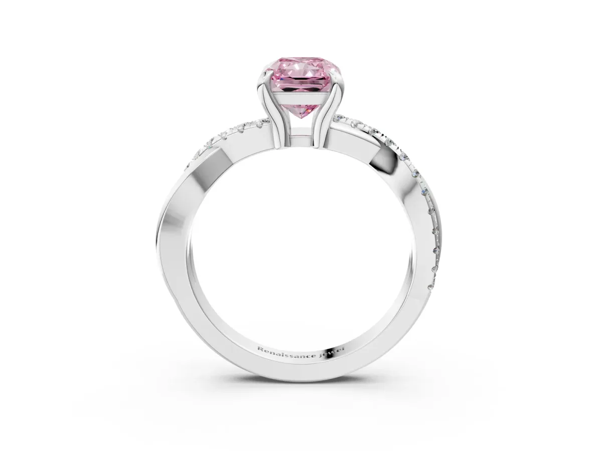 Fancy Pink Radiant Cut Cut Twist Band Solitaire Diamond Ring with Pavé Setting Platinum