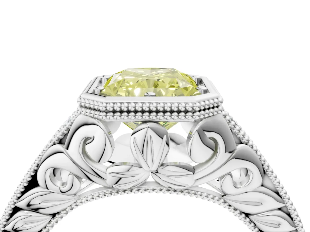 Fancy Yellow Bezel Set Radiant Cut Diamond Milgrain Pave Engagement Ring Platinum