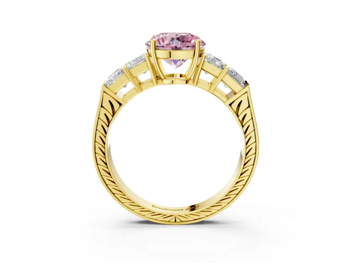 Fancy Pink Round Cut Solitaire Princess Side Stone Engraved Band Prong Setting Ring Yellow gold