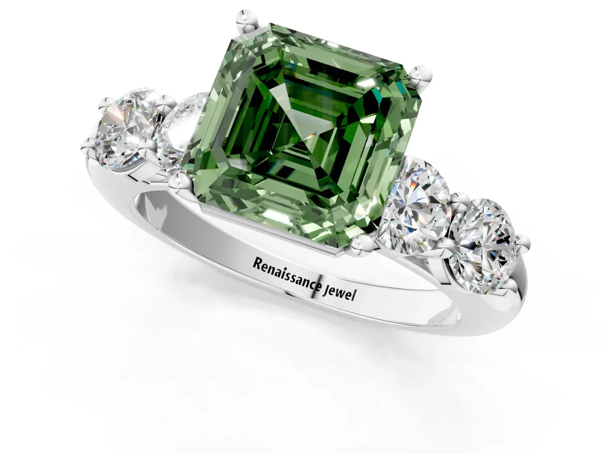 Fancy Green Asscher Cut Cut Five-Stone Prong Set Diamond Ring with Classic Band Platinum
