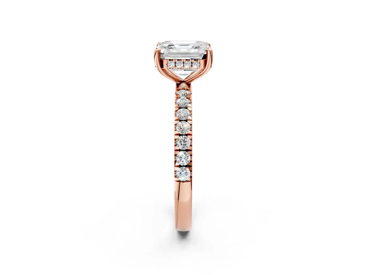 Asscher Cut Diamond Pave Band Solitaire Ring with Round and Prong Setting Rose gold