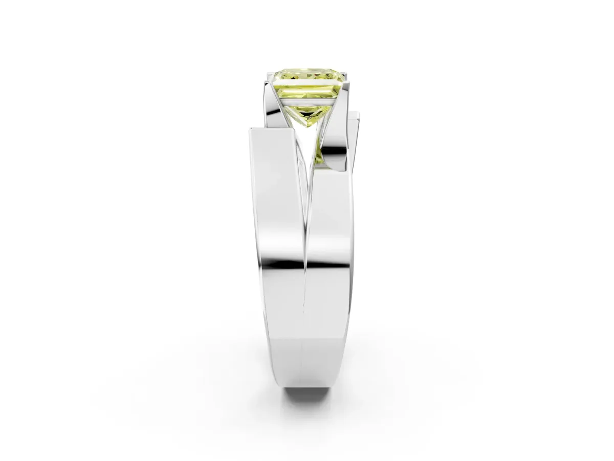 Fancy Yellow Modern Tension Set Princess Cut Diamond Solitaire Wide Band Ring Silver