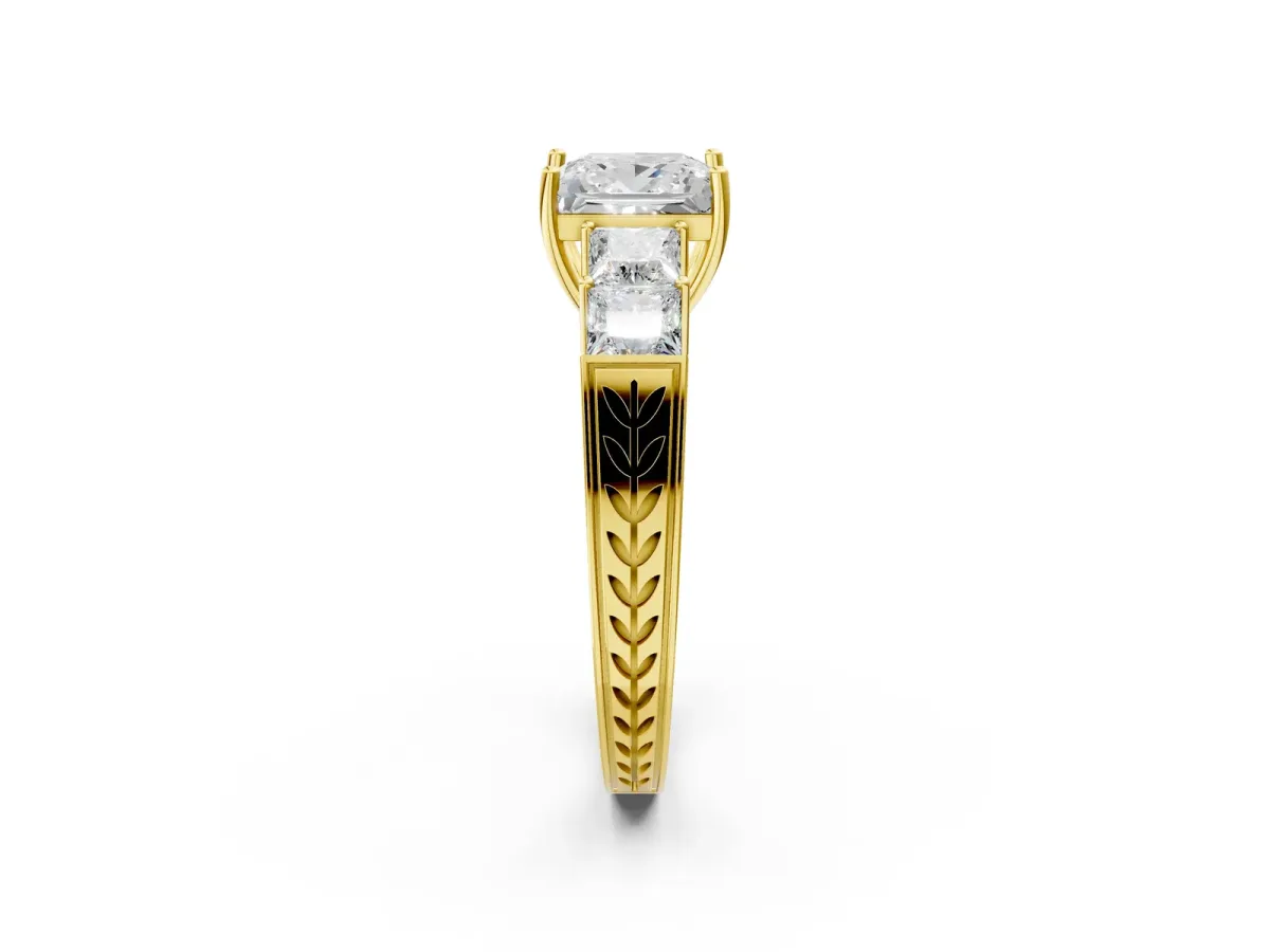 Princess Cut Solitaire Princess Side Stone Engraved Band Prong Setting Ring Yellow gold