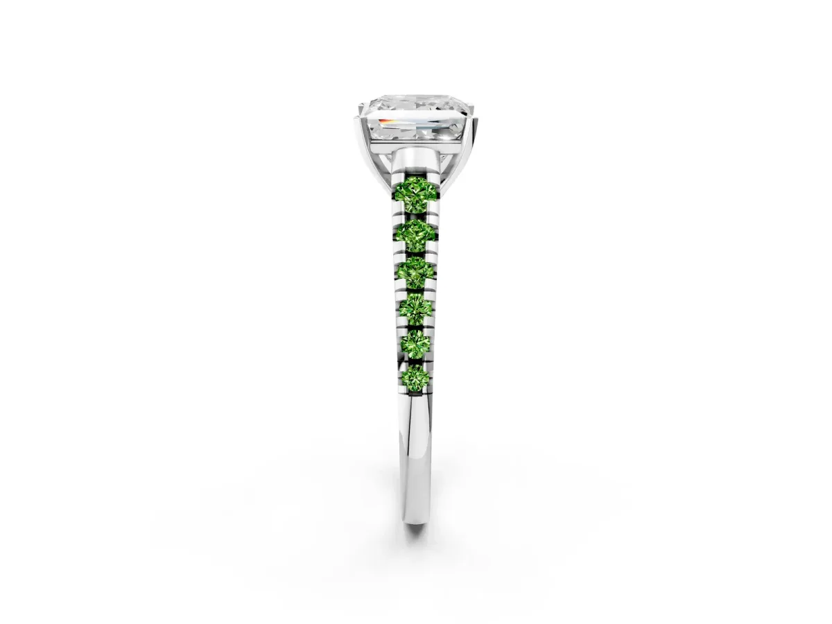 Princess Cut Diamond Cathedral Solitaire Ring with Round Peridot Pavé Band Platinum