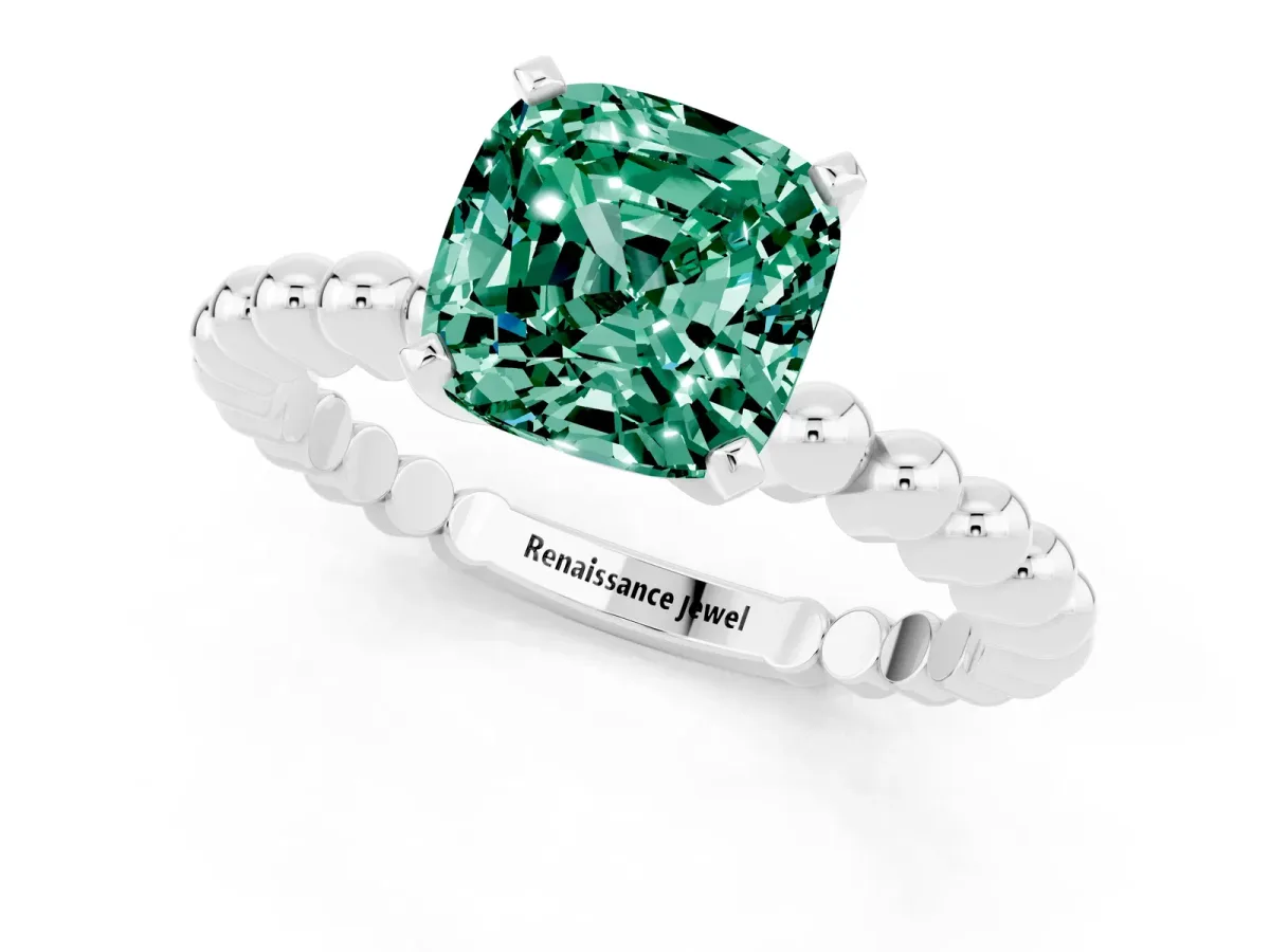 Cushion Cut Green Sapphire Solitaire Ring with Beaded Band and Prong Setting Silver