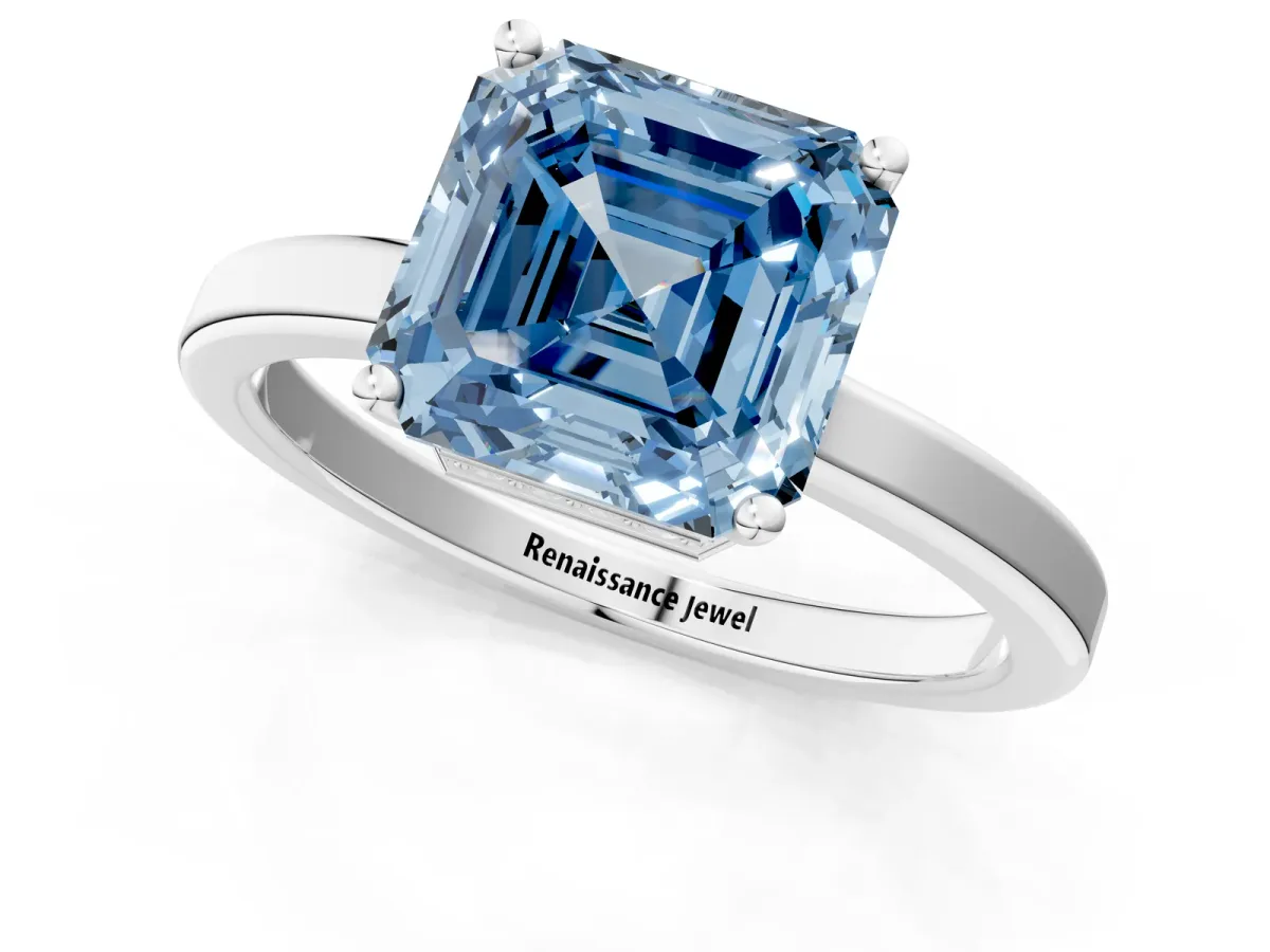 Fancy Blue Asscher Cut Cut Solitaire Engagement Ring with Four-Prong Setting on a Classic Band Platinum