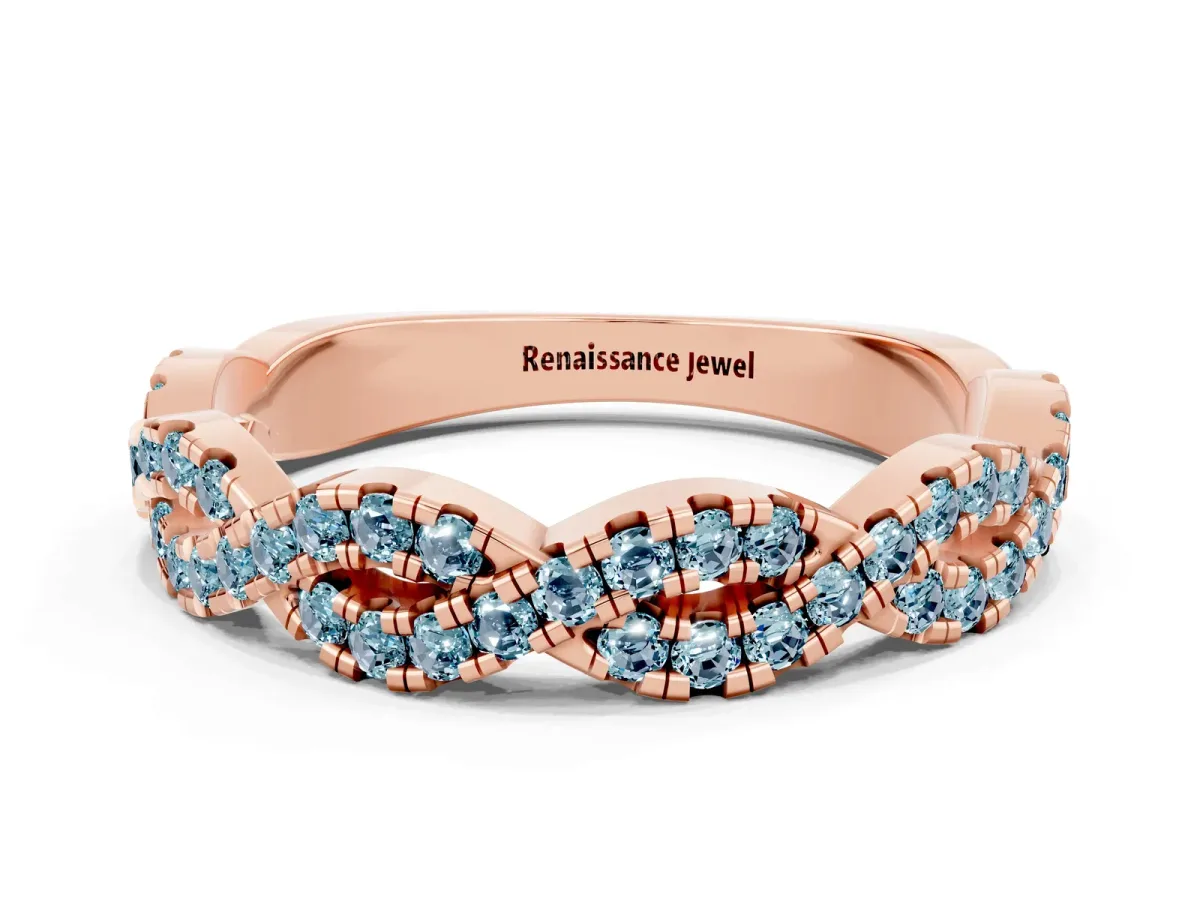 Round Aquamarine Twisted Eternity Band with Pavé and Shared Prong Setting Rose gold