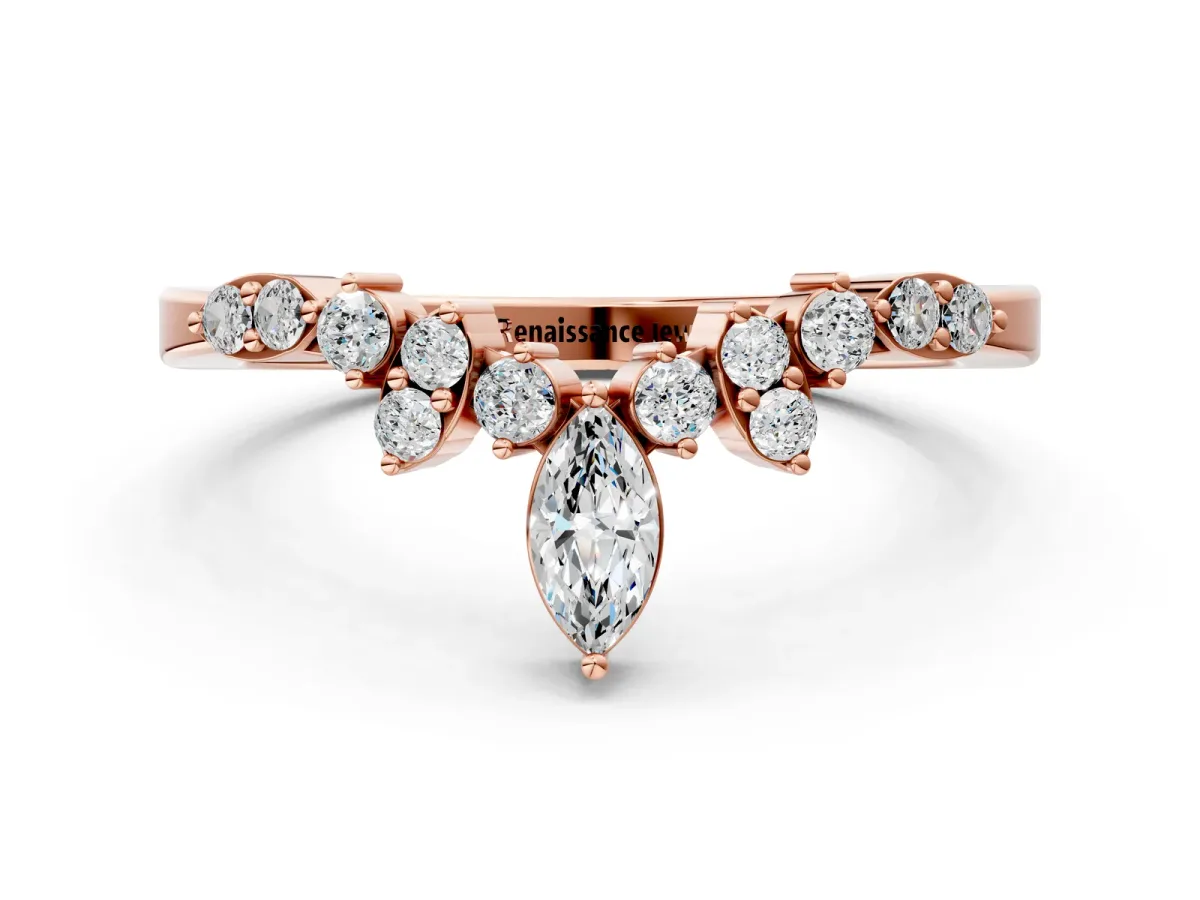 Marquise and Round Diamond Chevron Band with Prong Setting Rose gold