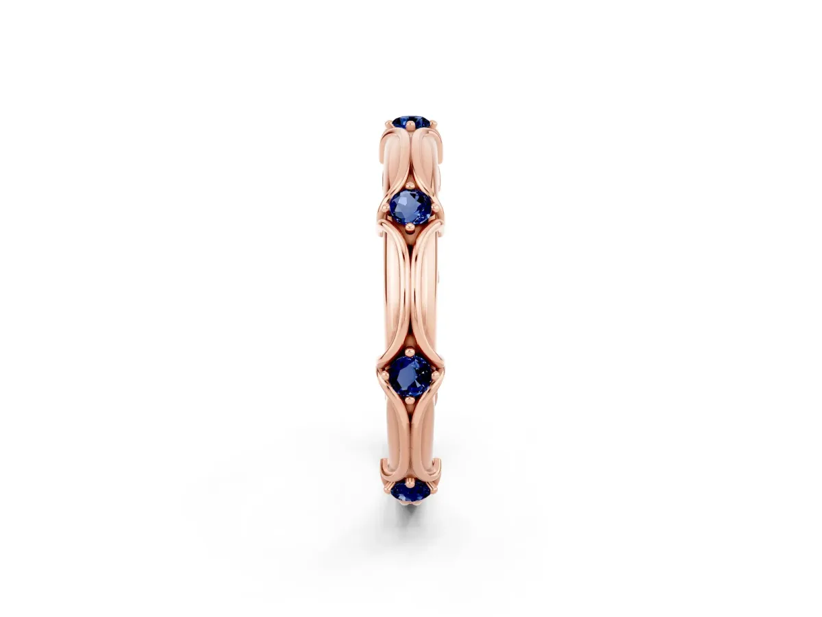 Round Blue Sapphire Prong Set Milgrain Eternity Band Rose gold