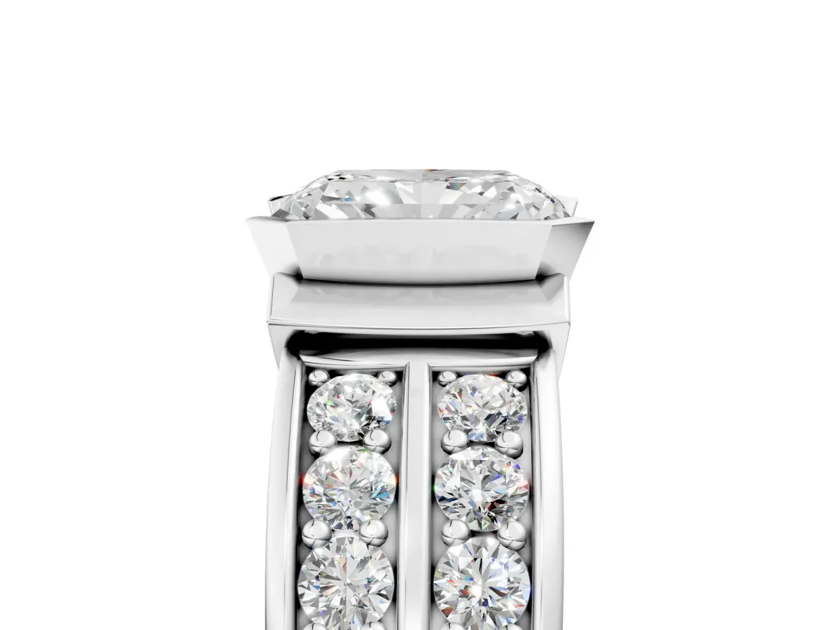 Radiant Cut Brilliant Diamond Channel Set Wide Band Ring with Bezel Setting Platinum