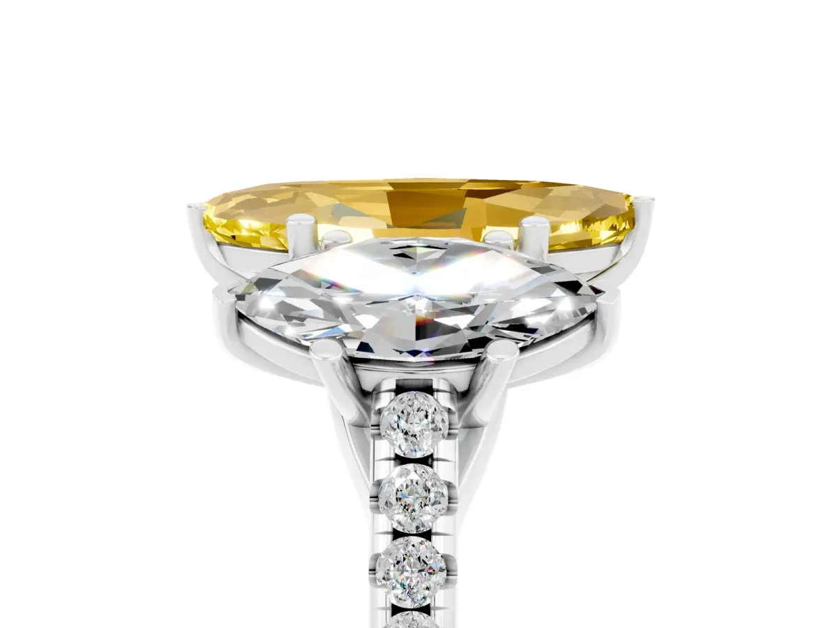 Three-Stone Marquise Cut Yellow Sapphire Ring with Round Pavé Band and Prong Setting Silver