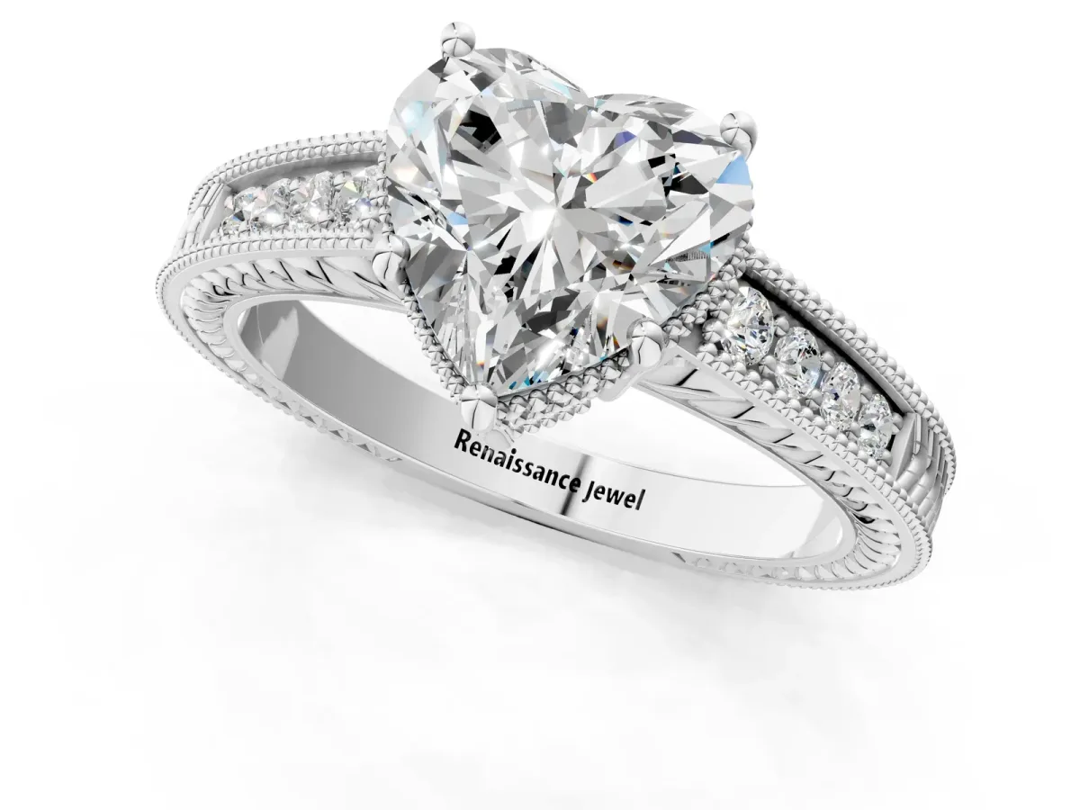 Heart Cut Diamond Ring with Milgrain Pavé Band and Four-Prong Setting Platinum