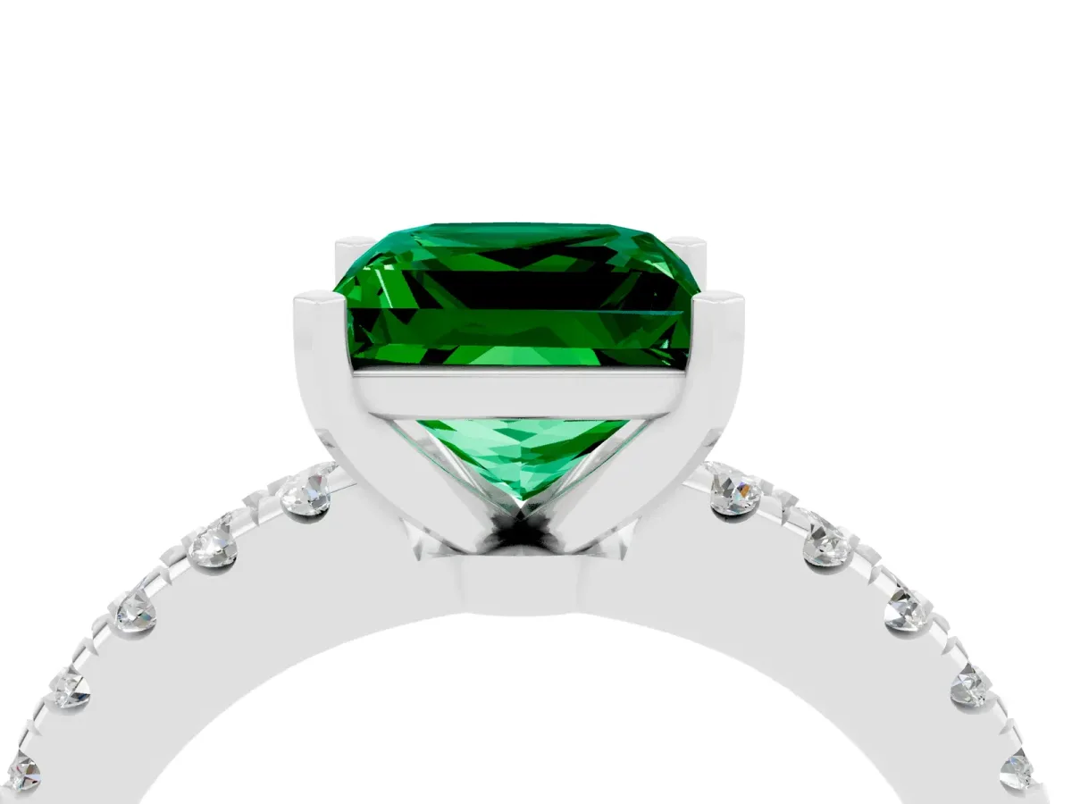 Princess Cut Solitaire Emerald with Pavé Band and Four-Prong Setting Silver