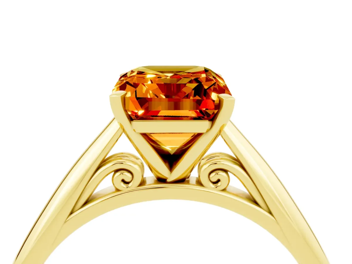 Emerald Cut Citrine Solitaire Engagement Ring with Cathedral Setting and Four-Prong Mount Yellow gold