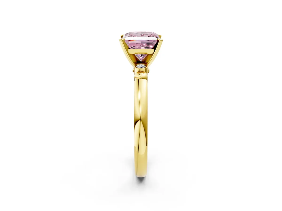 Fancy Pink Princess Cut Solitaire Beaded Band with Four-Prong Setting Yellow gold