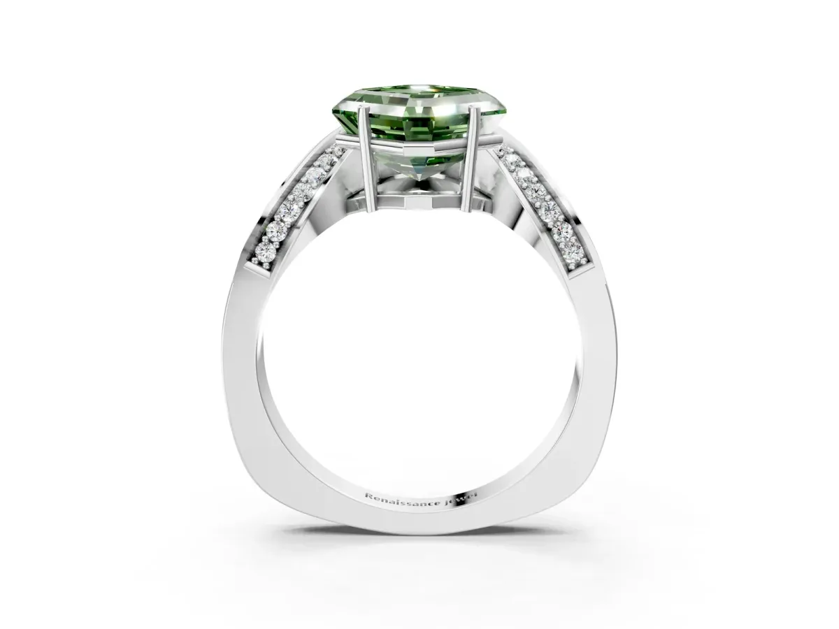 Fancy Green Asscher Cut Solitaire Diamond Engagement Ring with Pave Band and Four-Prong Setting Silver