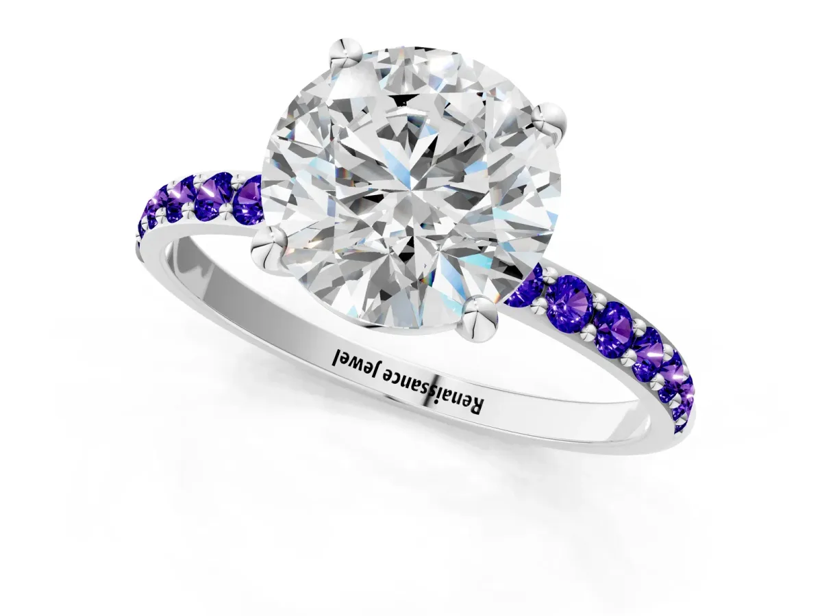 Round Cut Diamond Solitaire Ring with Round Tanzanite Pavé Band and Prong Setting Silver