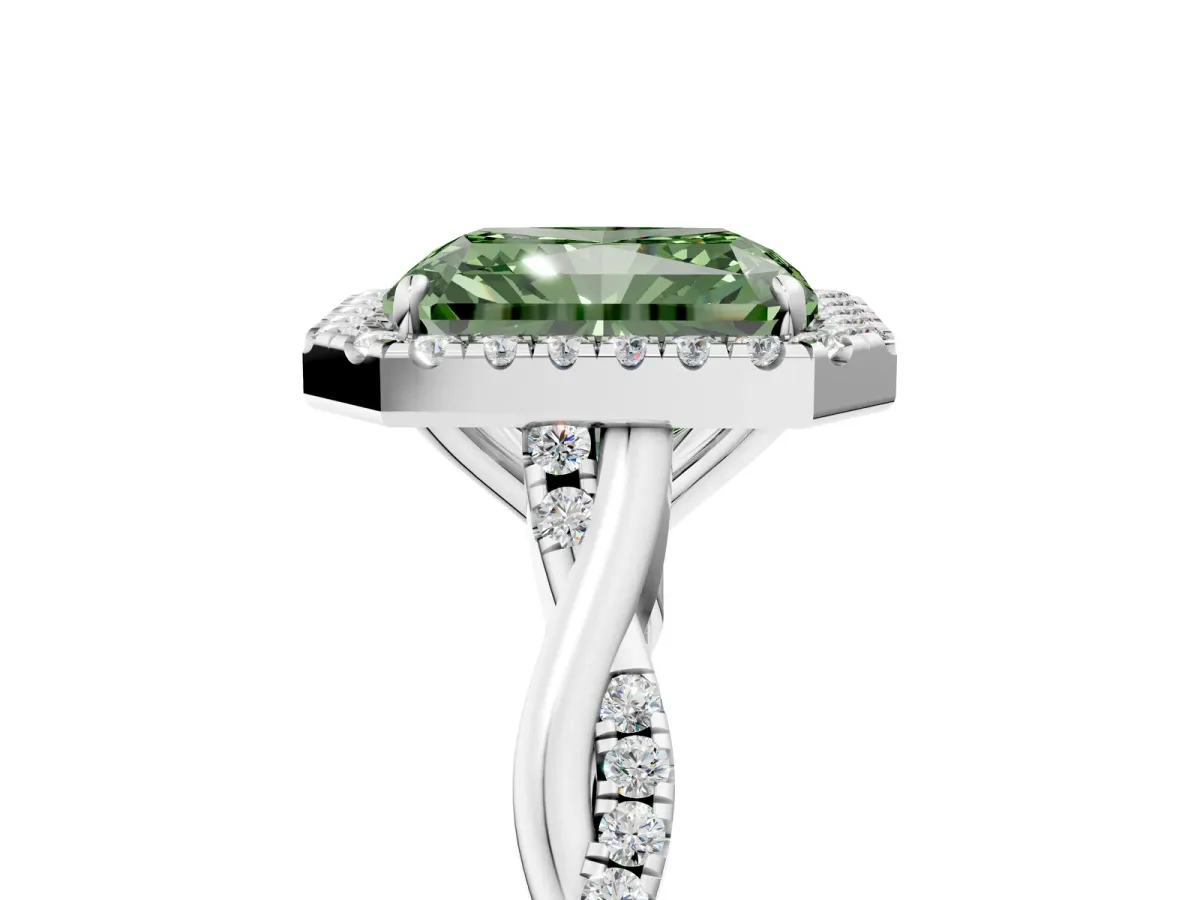 Fancy Green Radiant Cut Halo Twist Band Solitaire Ring Platinum