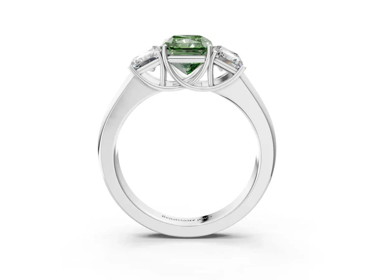 Fancy Green Three-Stone Radiant Cut Cut Diamond Ring with Prong Setting and Classic Band Platinum