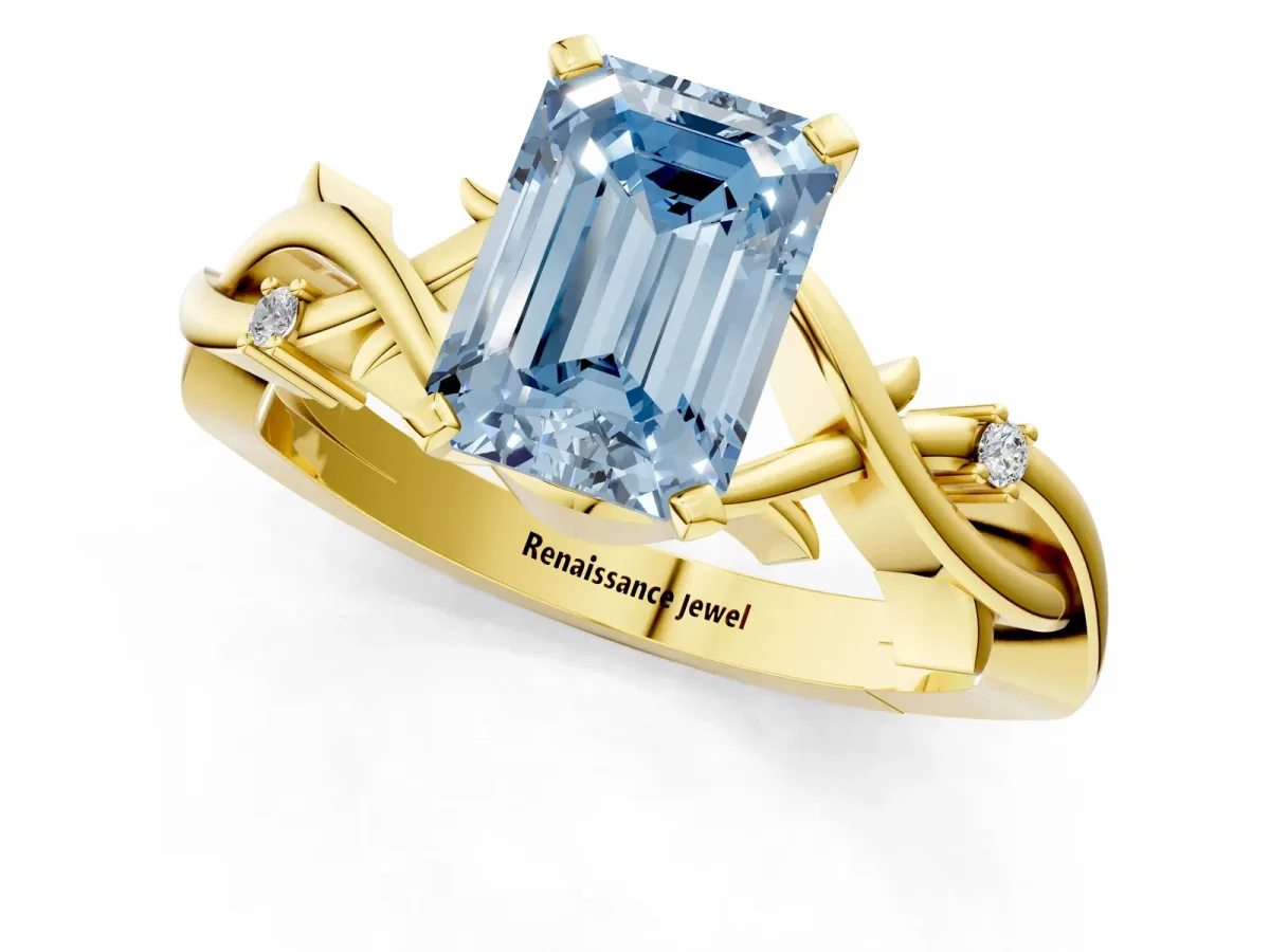 Fancy Blue Emerald Cut Diamond Solitaire Ring with Twisted Band and Prong Setting Yellow gold