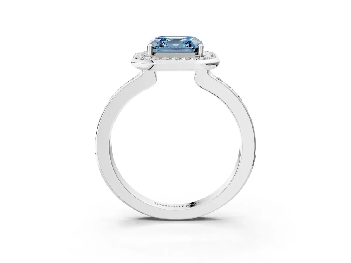 Fancy Blue Asscher Cut Diamond Halo Ring with Bezel Frame and Pavé Band Platinum