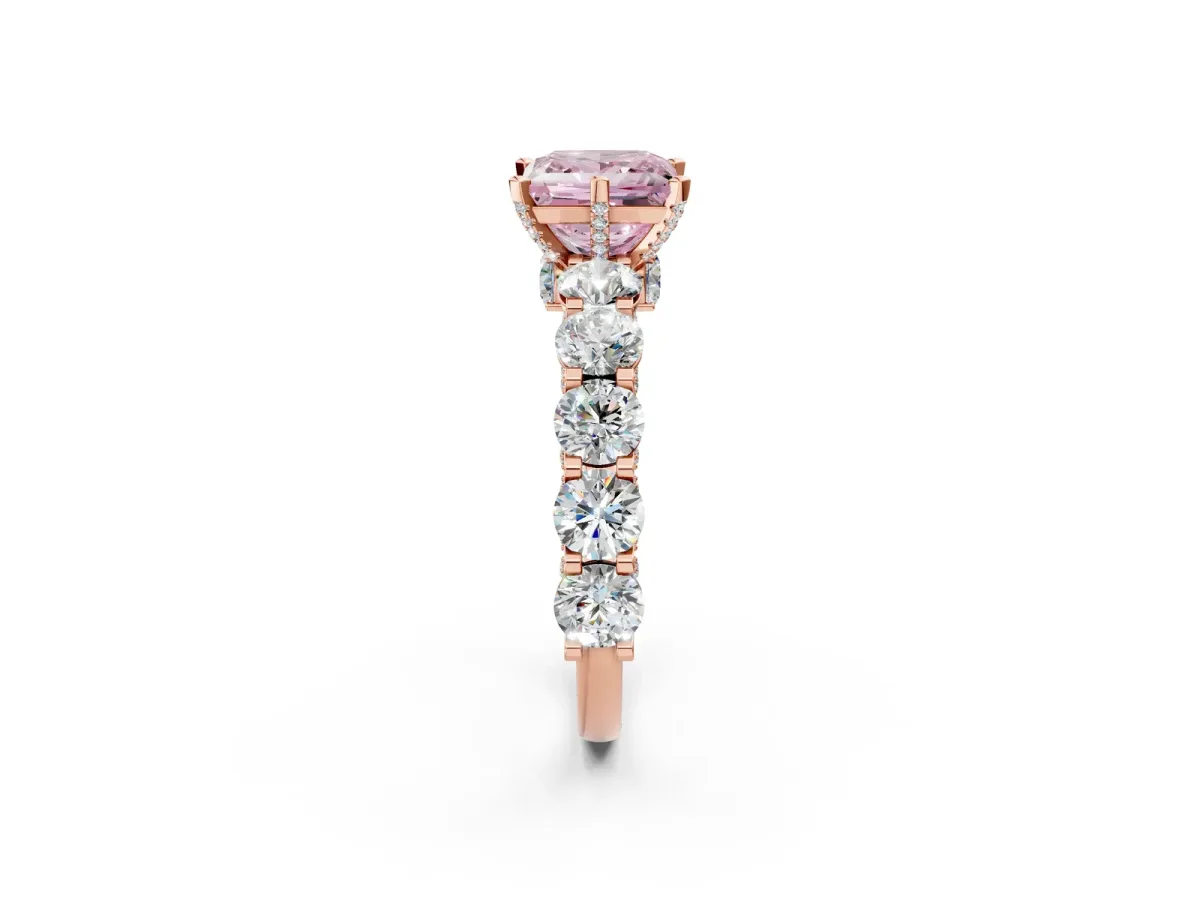 Fancy Pink Princess Cut Diamond Side Stone Engagement Ring with Four-Prong Setting Rose gold