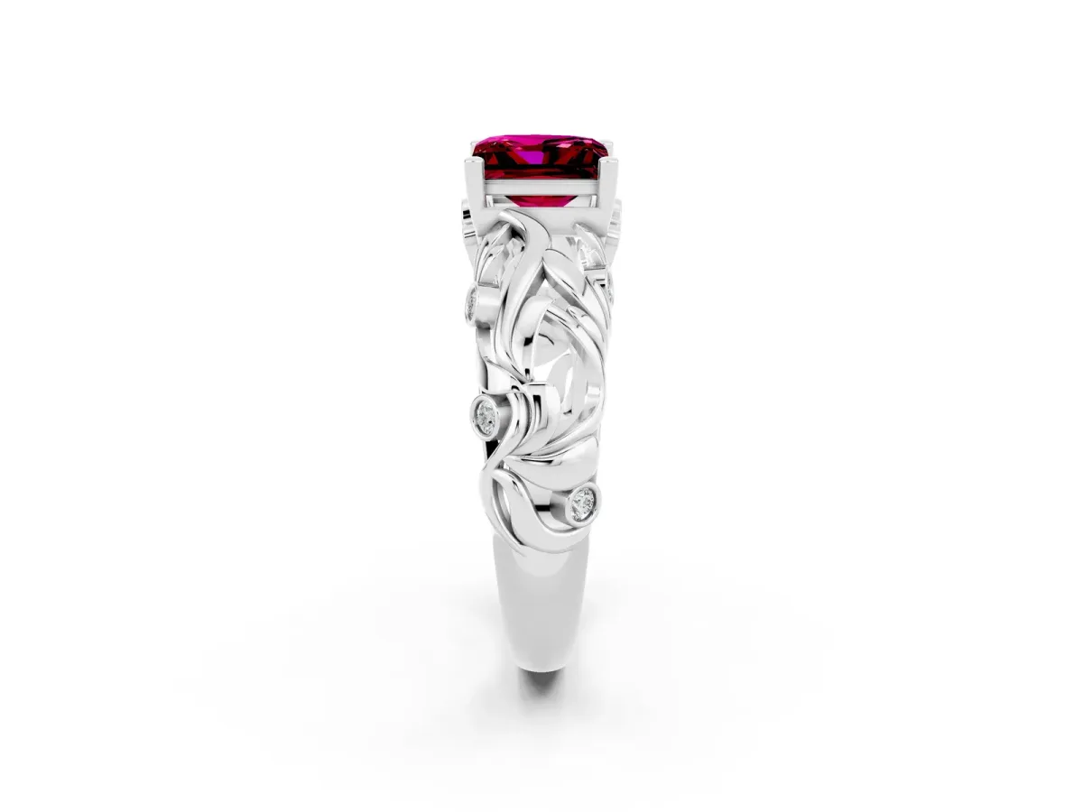 Princess Cut Solitaire Garnet Leaf-Inspired Vine Band Ring with Prong Setting White gold