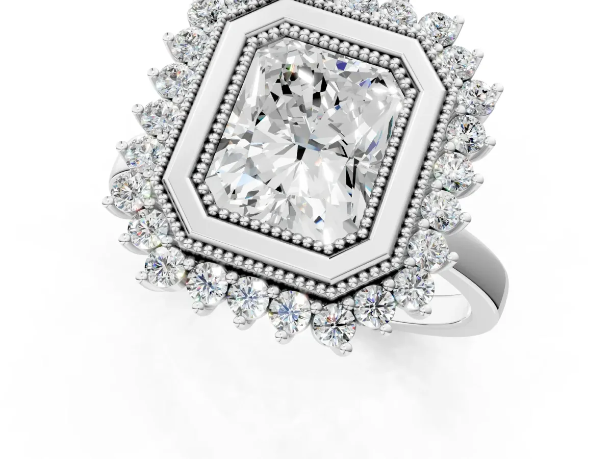 Radiant Cut Halo Diamond Ring with Milgrain Edge and Round Prong Setting Platinum