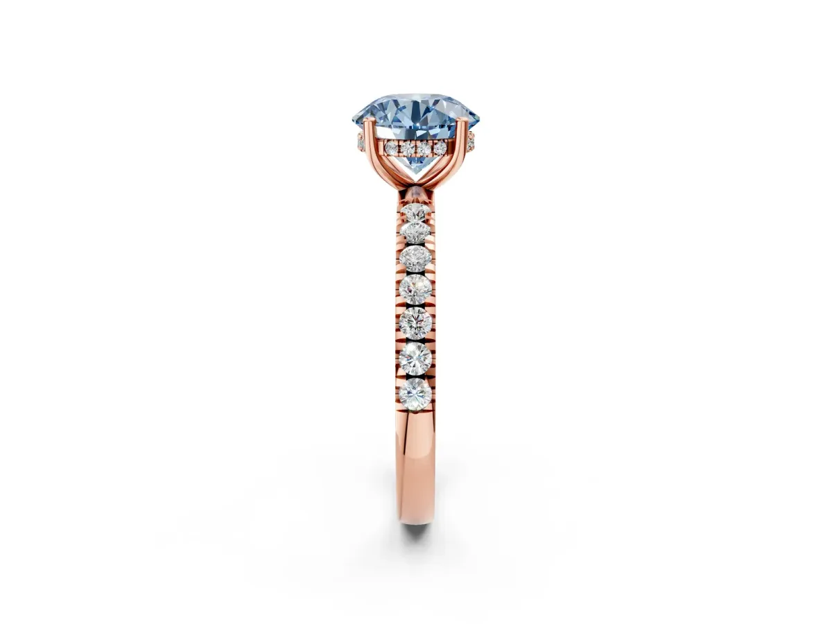 Fancy Blue Round Cut Diamond Pave Band Solitaire Ring with Round and Prong Setting Rose gold