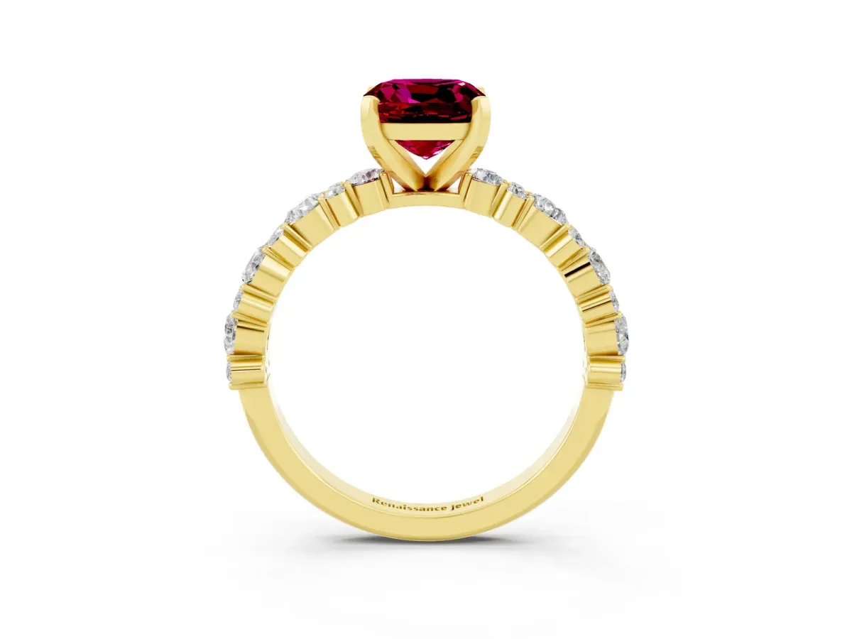 Cushion Cut Garnet Side Stone Solitaire Ring with Round and Four-Prong Setting Yellow gold