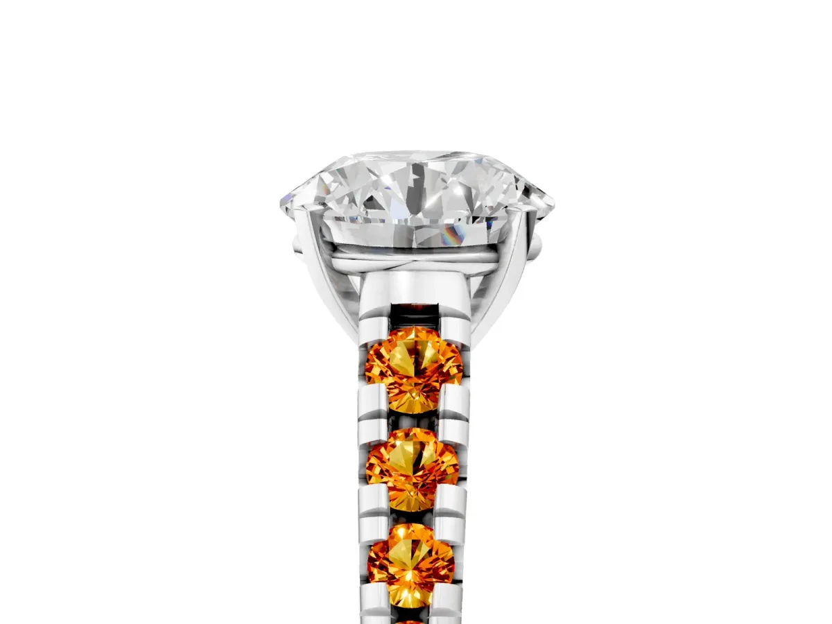 Round Cut Diamond Cathedral Solitaire Ring with Round Citrine Pavé Band Silver