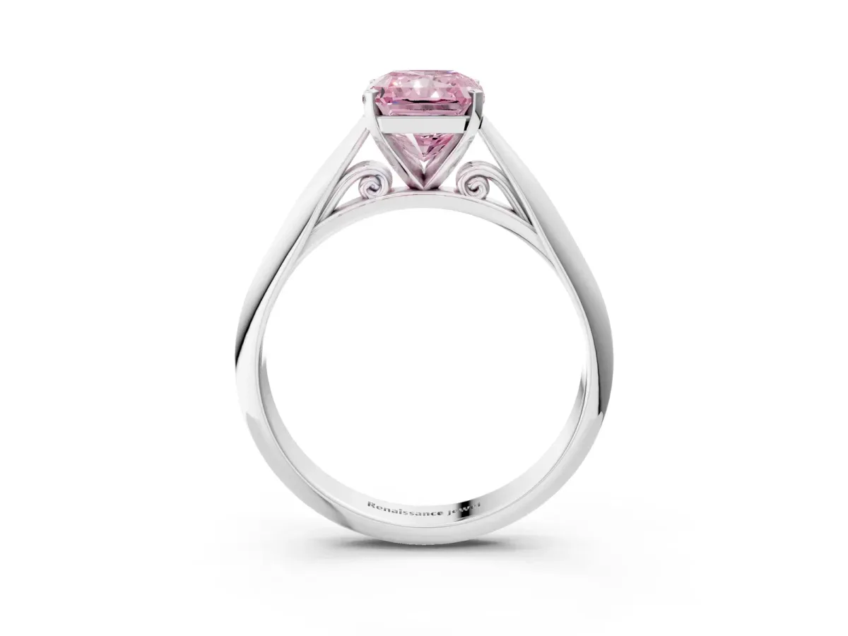 Fancy Pink Radiant Cut Diamond Solitaire Engagement Ring with Cathedral Setting and Four-Prong Mount Silver