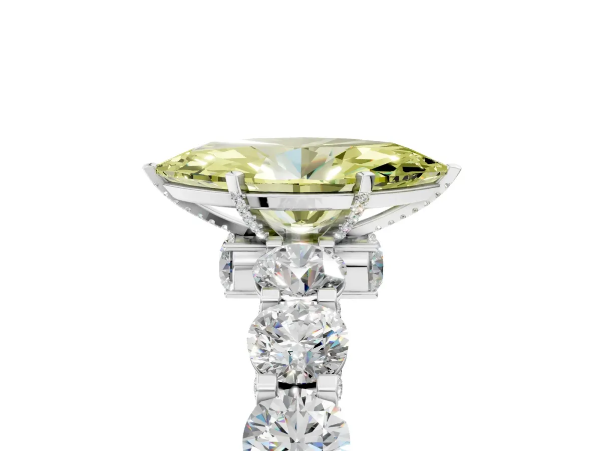 Fancy Yellow Marquise Cut Diamond Side Stone Engagement Ring with Four-Prong Setting White gold