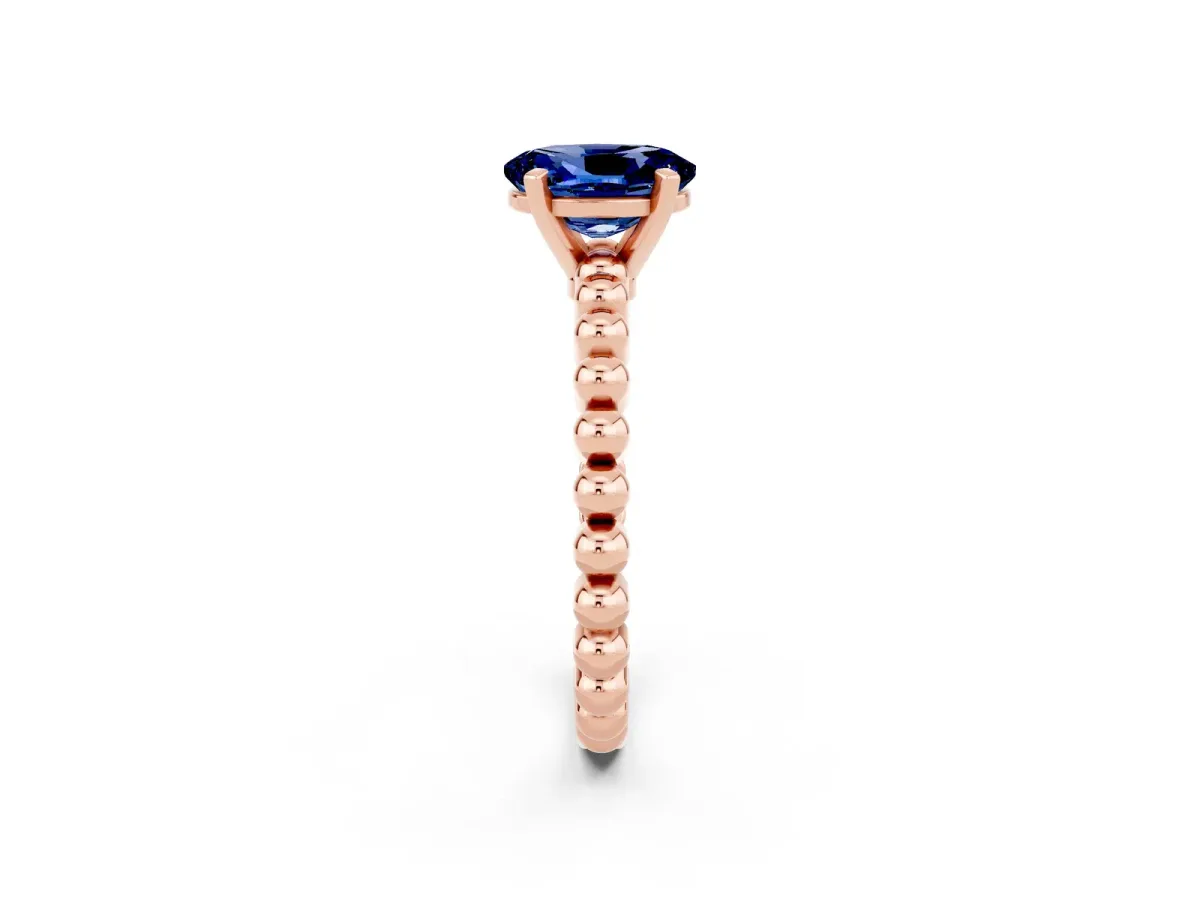 Oval Cut Blue Sapphire Solitaire Ring with Beaded Band and Prong Setting Rose gold