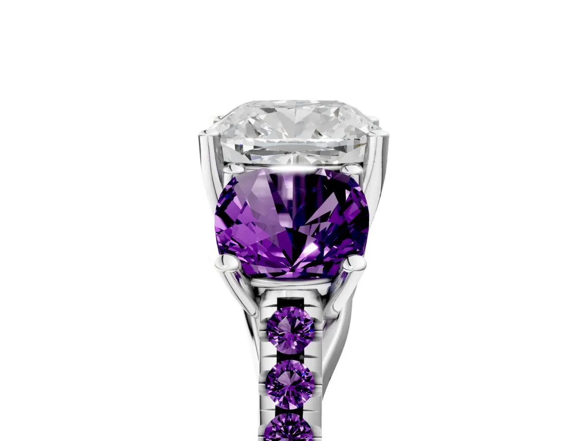 Three-Stone Cushion Cut Diamond Ring with Round Amethyst Pavé Band and Prong Setting Silver
