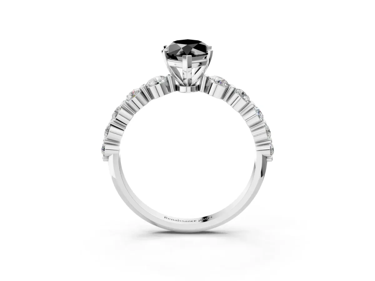 Fancy Black Marquise Cut Solitaire Diamond Ring with Pave Band and Four-Prong Setting Silver