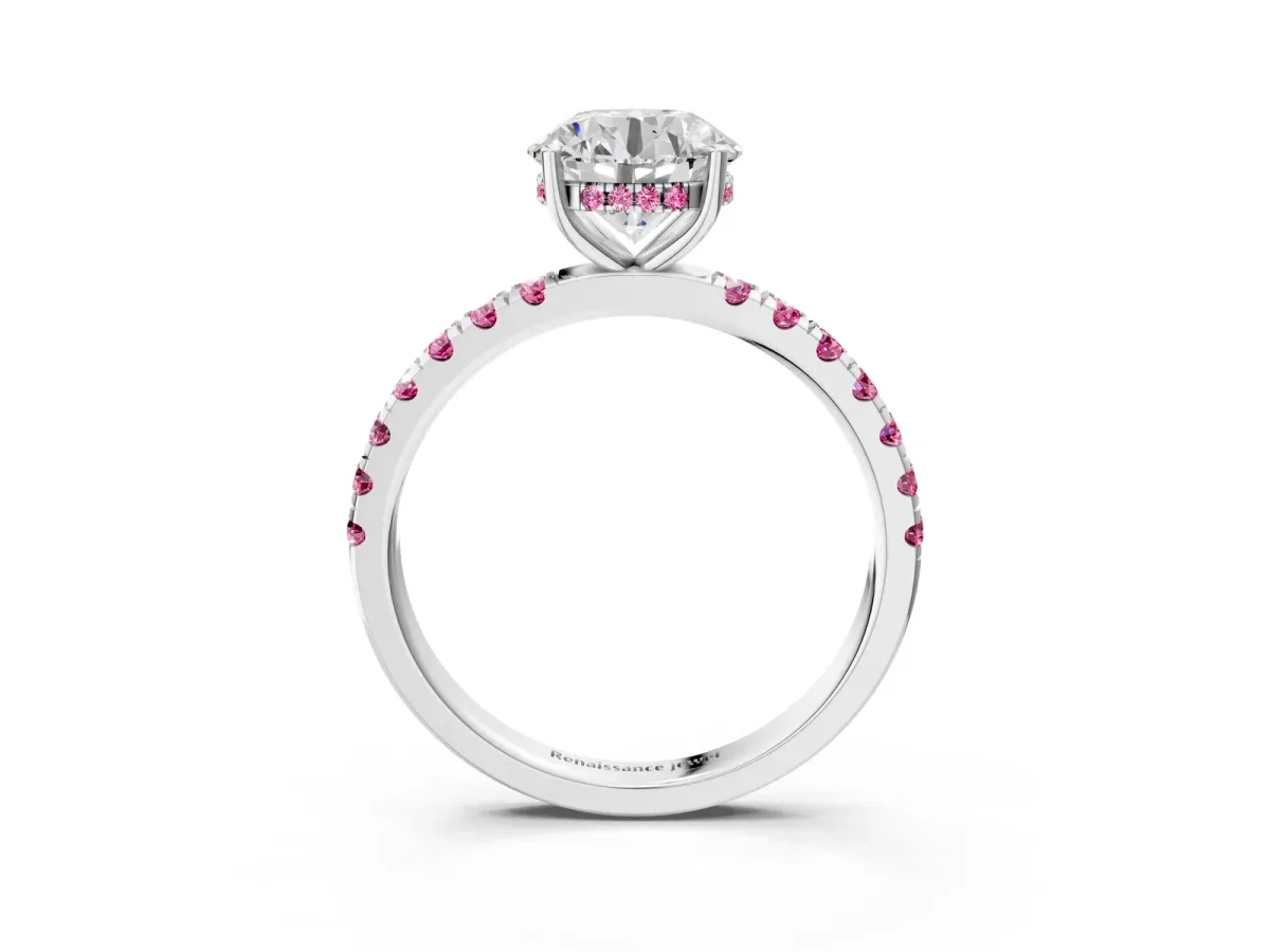 Round Cut Diamond Pave Band Solitaire Ring with Round Pink Sapphire and Prong Setting Silver