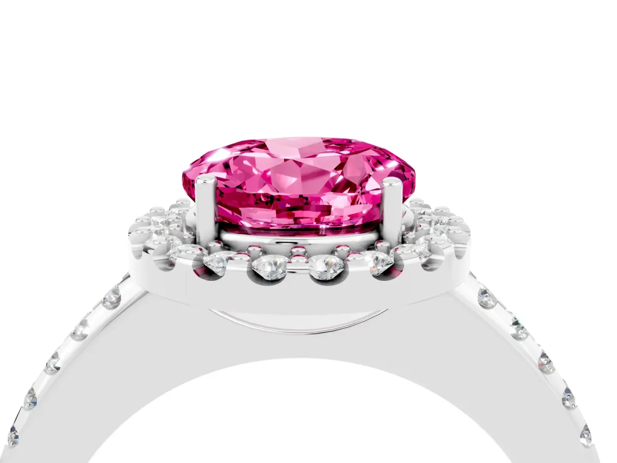 Round Cut Pink Sapphire Pavé Halo Ring with Four-Prong Setting Platinum