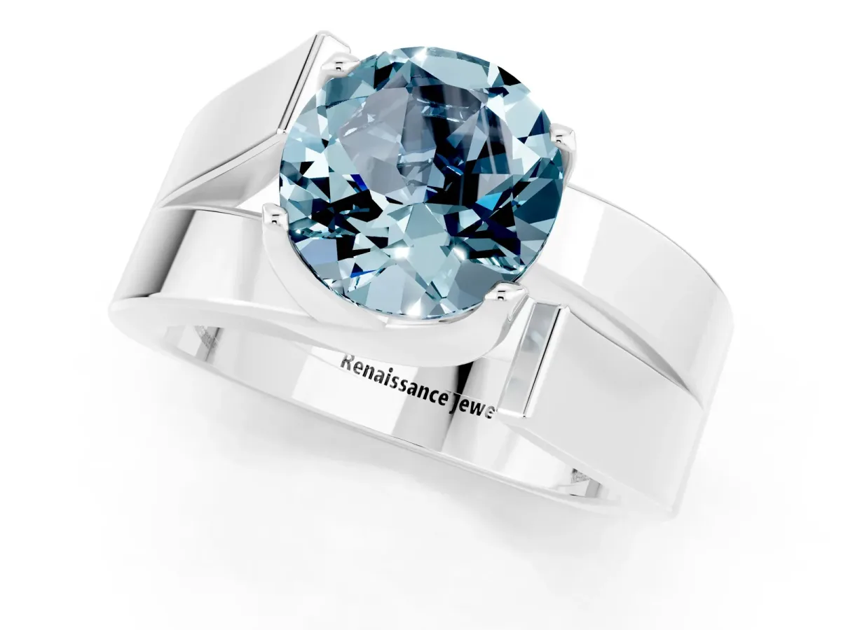 Modern Tension Set Round Cut Aquamarine Solitaire Wide Band Ring Silver