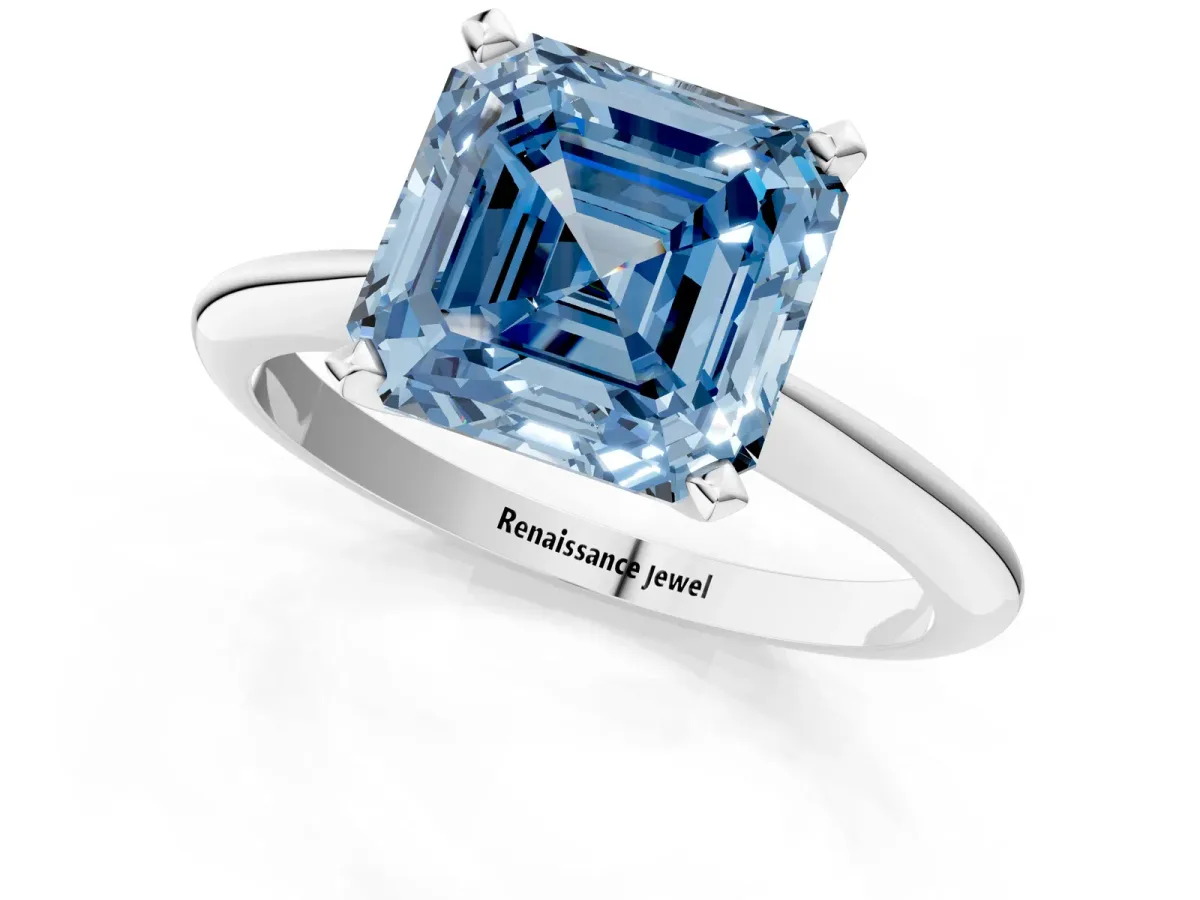 Fancy Blue Asscher Cut Diamond Solitaire Engagement Ring with Classic Band and Four-Prong Setting Silver