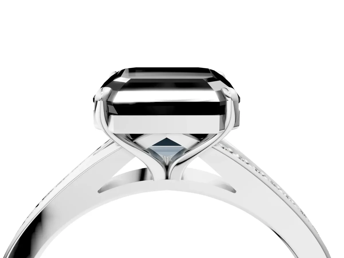 Fancy Black Asscher Cut Diamond Solitaire Ring with Pavé Band and Prong Setting Platinum
